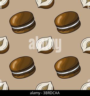 Nahtloses Vektormuster von Schokoladen-Macarons und Haselnüssen, eine köstliche handgezeichnete Illustration mit einem hellen beigen Hintergrund, perfekt für Bäckerei-BH Stock Vektor
