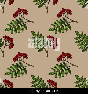 Nahtloses Vektormuster von rowan-Zweigen mit roten Beeren und grünen Blättern auf beigefarbenem Hintergrund, ideal für herbstliche Designs und Textildrucke. Stock Vektor