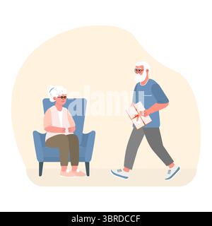Vektor-Illustration Opa bringt Geschenkbox zu Oma. Ältere Frau, die im Sessel sitzt. Die alte Dame bekommt eine angenehme Überraschung. Die Geburt am Valentinstag Stock Vektor