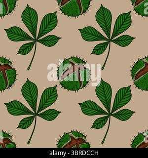 Nahtloses Vektormuster aus Kastanienblättern und geöffneten Kastanien in einem beigefarbenen Hintergrund, wodurch ein natürliches und herbstliches Design entsteht. Stock Vektor