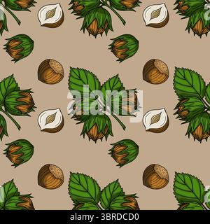 Nahtloses Vektormuster mit handgezeichneten Haselnüssen, mit detaillierten Blättern und Nüssen in der Schale und geschält, vor einem gedämpften beigen Hintergrund, perfekt Stock Vektor
