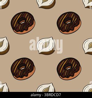 Nahtloses Vektormuster mit köstlichen Schokolade glasierten Donuts mit Karamellstreifen und halbierten Haselnüssen auf einem gedämpften Taupe Hintergrund, was ein Stock Vektor