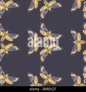 Nahtloses Aquarellmuster mit Totenkopffaltern mit goldenen Sternen auf dunklem Hintergrund. Perfekt für Textilien und Tapeten Stockfoto
