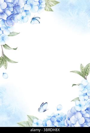Grußkartenschablone mit Hortensie-Blüten, Blättern, Schmetterlingen und blauen Flecken. Handgezeichnete Aquarellillustration isoliert auf weißem Hintergrund. Stockfoto
