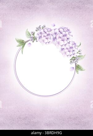 Grußkartenschablone mit Hortensie-Blüten, Knospen, Blättern auf rosa Hintergrund. Aquarell handgezeichnete Illustration für Design, Druck, Einladung Stockfoto