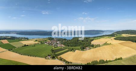 Luftbild, Panorama vom Bodensee mit der Ortschaft Hoedingen, umgeben von erntereifen Getreidefeldern, am Horizont der Bodanrueck, Ueberlingen, Bodense Stockfoto