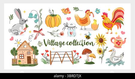 Illage Collection Hand gezeichneter Vektor-Set mit Bauernhoftieren, Sonnenblumen, Gemüse, Pilzen, gemütlichem Haus und niedlichen Landkritzeleien. Perfekt für Stock Vektor