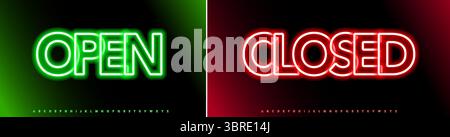 OFFENE, GESCHLOSSENE Ladenschilder, Schriftart mit elektrischem Neon-Logo mit leuchtenden Konturen und lebendigem Tech-Stil für Nachtleben, Bar-Schlagzeilen, Clubfenster, Urban Stock Vektor