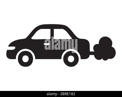 Schwarze Silhouette des Autos, das Rauch ausstrahlt, isoliert auf weißem Hintergrund, grafische Abbildung. Konzept der Verschmutzung, Umweltauswirkungen, Luftqualität, EM Stock Vektor