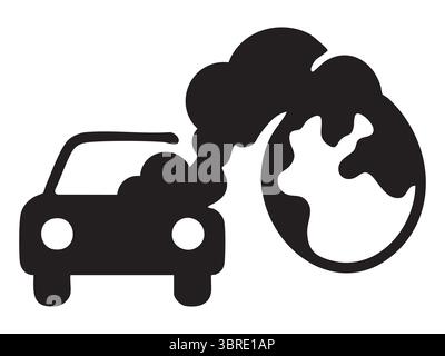 Schwarze Silhouette eines Autos, das in der Nähe der Erde Verschmutzung ausstrahlt, grafische Abbildung. Konzept der Umweltschäden, des Klimawandels, der Luftqualitätsfragen, e Stock Vektor