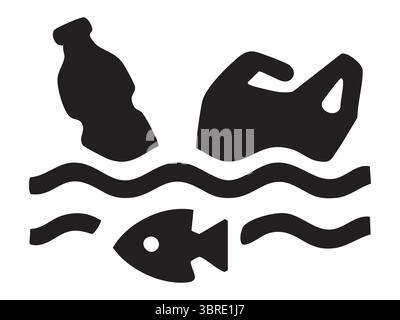 Schwarze Silhouette des Umweltverschmutzungssymbols mit Hand, Flasche und Fisch über welligen Wasserlinien, isoliert auf weißem Hintergrund. Abfallbegriff, Co Stock Vektor