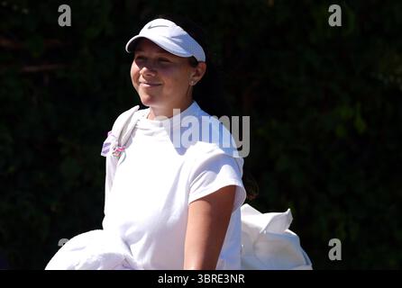 Amanda Anisimova am 13. Tag der Wimbledon Championships 2025 im All England Lawn Tennis and Croquet Club, London. Bilddatum: Samstag, 12. Juli 2025. Stockfoto