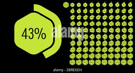 Satz sechseckiger Prozentdiagramme von 0 bis 100, gebrauchsfertig für Webdesign, Benutzeroberfläche oder Infografik – Anzeige mit grüner Anzeige Stock Vektor