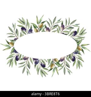 Ovaler botanischer Rahmen mit Olivenzweigen. Handgemalte Aquarellillustration isoliert auf weißem Hintergrund. Für Öko-Branding, Verpackungen, Poster, Drucke, Wandbilder, einladungskarten. Stockfoto