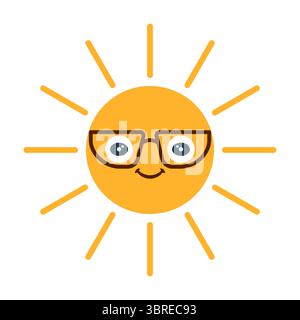 Niedliche Sonne mit Brille. Zeichentrickdarstellung. Eine helle, runde Karikatursonne mit ausdrucksstarken Augen, einem freundlichen Lächeln und einer stilvollen braunen Brille. Stock Vektor
