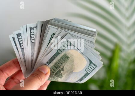 Nahaufnahme von Fingern, die einen dicken gefalteten Stapel von US-100-Scheinen mit verschwommenem Hintergrund aus tropischen Blättern halten. Stockfoto