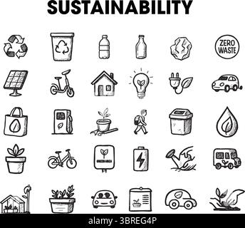Umweltfreundliche Bilder mit handgezeichnetem Transport, Solarstrom und wiederverwendbaren Produkten Stock Vektor