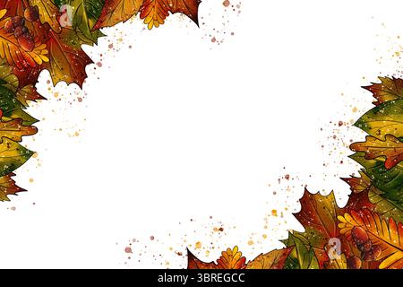Horizontaler Rahmen mit bunten grünen, gelben, orangen und braunen Herbstblättern, Eicheln und Spritzern. Digitale Illustration mit Aquarell Stockfoto