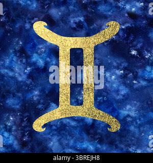 Goldenes Gemini-Sternzeichen mit alter Goldfolie Textur auf Sternenhimmel Hintergrund. Aquarellvorlage für Tierkreiszeichen Kalender, Astrologie d Stockfoto