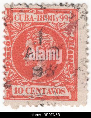 KUBA – 1898: 10 Centavo-Briefmarke mit einem Porträt von König Alfonso XIII., auch bekannt als El Africano oder der Afrikaner für seine afrikanistischen Ansichten. Er war König von Spanien von 1886 bis zum 14. April 1931, als die zweite spanische Republik ausgerufen wurde. Bei der Geburt wurde er Monarch, da sein Vater Alfonso XII. Im vergangenen Jahr gestorben war. Seine Mutter Maria Christina von Österreich war Regentin, bis er 1902 die volle Macht übernahm. Für seine Bemühungen beim Europäischen Kriegsministerium während des Ersten Weltkriegs erhielt er 1917 eine Nominierung für den Friedensnobelpreis Stockfoto