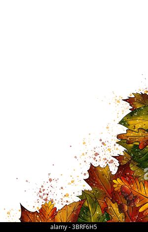Vertikaler Rahmen mit bunten grünen, gelben, orangen und braunen Herbstblättern, Eicheln und Spritzern. Aquarell Stockfoto
