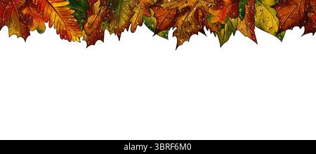 Horizontaler nahtloser Rand mit bunten grünen, gelben, orangen und braunen Herbstblättern. Aquarell Stockfoto