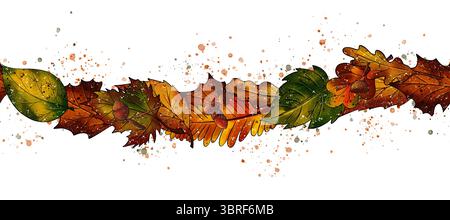 Horizontaler, nahtloser Rand mit bunten grünen, gelben, orangen und braunen Herbstblättern, Spritzern. Aquarell Stockfoto