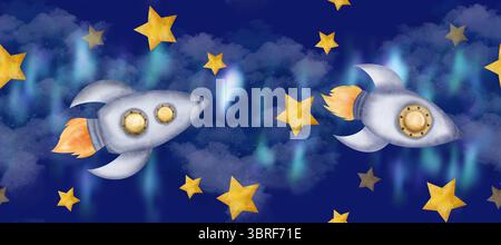 Dunkelblauer Himmel, flauschige Wolken, Sterne, Raumschiffe. Weltraumraketen und Nebel bilden diesen Raum aus nahtlosen Aquarellclips Stockfoto