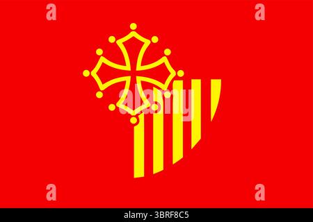 Flagge des Languedoc-Roussillon, Frankreich (bis 2004) – Regionalflagge mit okzitanischem Kreuz und vertikalen Streifen, historisches französisches Regionalwappen, Vektor Stock Vektor