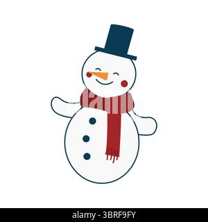 Weihnachtsniedlicher Schneemann in schwarzem Oberhut und rotem Schal auf weißem Hintergrund. Lustige Zeichentrickvektor-Illustration. Designelement für Neujahr und Weihnachten Stock Vektor