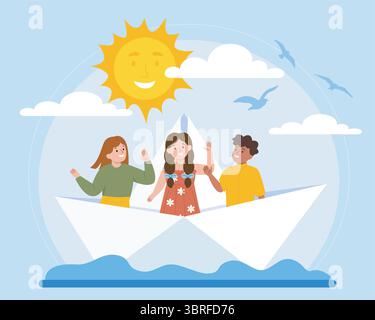Kinder, die in einem Papierboot unter der Sonne segeln. Vektorabbildung Stock Vektor