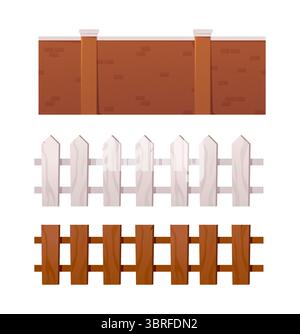 Zäune aus Holz und Ziegelstein im Cartoon-Stil. Vektorabbildung Stock Vektor