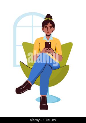 Frau sitzt drinnen mit Smartphone. Vektorabbildung Stock Vektor