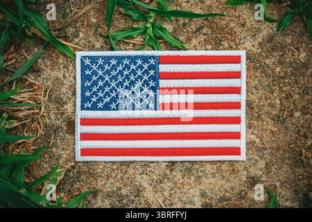 Umweltfreundliche amerikanische Flagge USA Flagge auf einem alten Stein platziert von grünem Gras Eine friedliche Darstellung von Nachhaltigkeit und Patriotismus Stockfoto