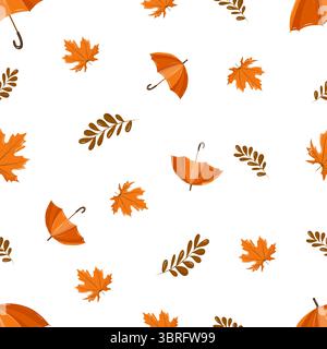 Nahtloses Herbstmuster mit Ahorn- und Eichenblättern und einem orangefarbenen Regenschirm. Vektor-Illustration mit warmen saisonalen Farben. Ideal für Textilien, Verpackungen, Geschenkpapier und Herbstmotive Stock Vektor