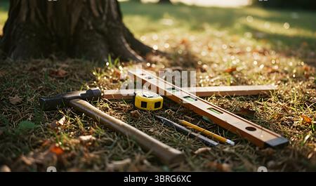 Zimmerei Werkzeuge ruhend: Bereit für Outdoor-Bauprojekte Stockfoto