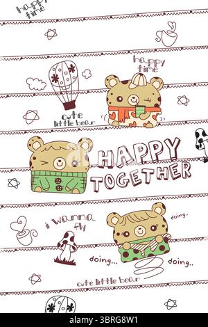 Skurrile Doodle Line niedliches Zeichentricktier wildes Leben drei niedliche Bären in einer schönen Landschaft. Stock Vektor