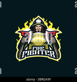Feuerwehrmaskottchen Logo Design Vektor mit modernem Illustrationskonzept Stil für Abzeichen, Emblem und T-Shirt Druck. Feuerwehrabbildung mit Axt. Stock Vektor