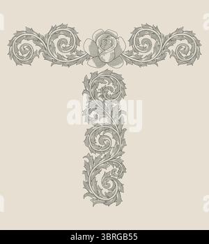 T-Anfangsalphabet in floraler Ornamentform mit Rosenblume, Vintage-Gravur Zeichnung Stil Illustration Stock Vektor