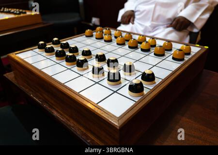 Dama ist ein traditionelles katarisches oder arabisches Brettspiel, das auf einem karierten Brett gespielt wird. Türkische Checkers. Spiel der Checker Stockfoto