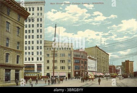 Postkarte in Vintage-Farbe an der Ecke Portage Avenue und Main Street (Portage und Main) im Zentrum von Winnipeg, Manitoba, Kanada um 1910 Stockfoto