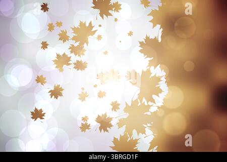 Silhouetten aus goldenem Ahornblatt verstreuen sich über ein abstraktes, flaches Design mit Bokeh-Farbverlauf Stockfoto