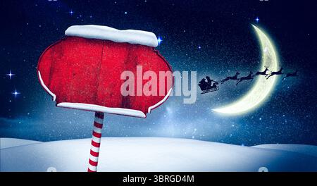 Mit flachem Design mit schneebedeckten Szenen mit leerem rotem Schild auf Zuckerrohrstange, Mond, Santa-Schlitten Stockfoto