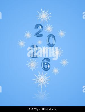 Frohe Weihnachten und Neujahr 2026 Grußkarte. Blaue Zahlen 2026 und weiße Schneeflocken auf blauem Hintergrund. Märchengeschichte im Winter. Stockfoto