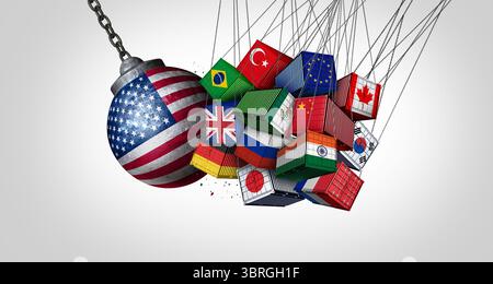 USA Global Trade Crisis als US-amerikanischer und internationaler Handelskonflikt mit amerikanischem wirtschaftlichem Protektionismus und Isolationismus, der die Weltwirtschaft stört Stockfoto