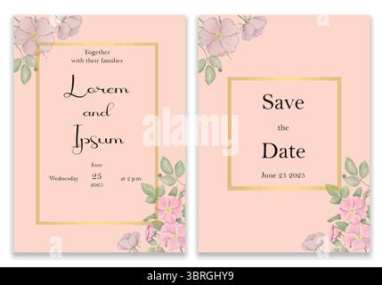 Elegante Hochzeitseinladung mit goldenem und floralem Rahmen. Rosafarbene Hintergrundkarten mit rosa Blumen und Blättern. Stock Vektor