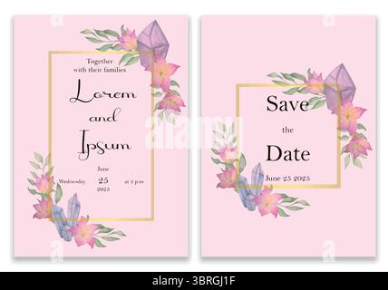 Elegante Hochzeitseinladung mit goldenem und floralem Rahmen. Rosafarbene Hintergrundkarten mit rosa Blumen und Blättern. Stock Vektor