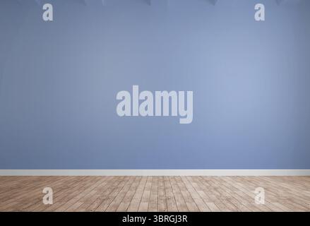 Leerer Raum zeigt flaches Design, schlanke blaue Wand, weiße Sockelleiste, Naturholzfußboden, Deckenbalken Stockfoto