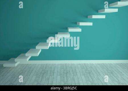 Flaches Design mit weißen, schwimmenden Treppenstufen, die entlang der blaugrünen Wand über dem grauen Dielenboden geneigt sind Stockfoto