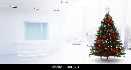 Die Rezeption im flachen Design zeigt einen Schreibtisch, Stühle an den Fenstern mit Blick auf die Stadt und einen Weihnachtsbaum mit Sternauflage Stockfoto